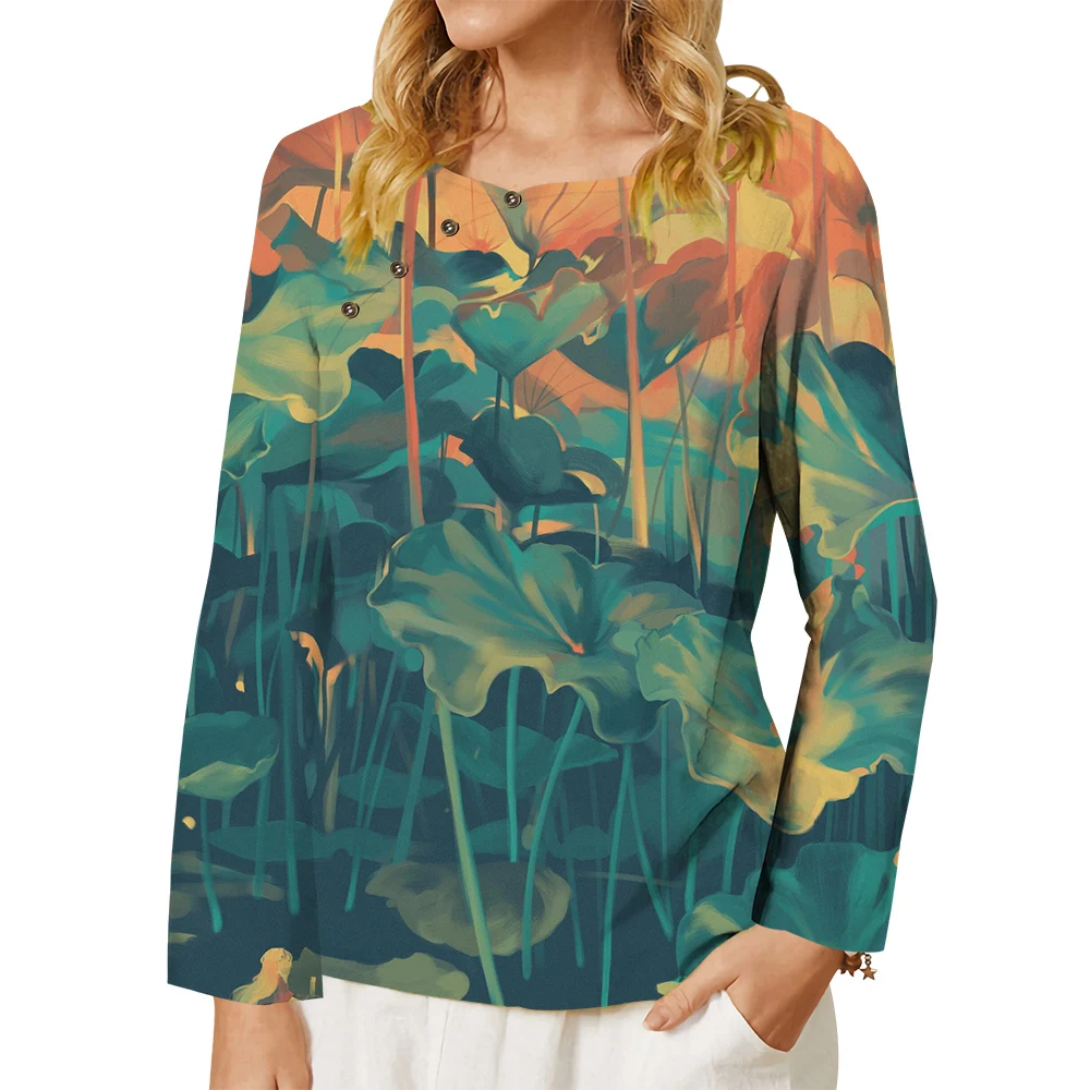 

CLOOCL Women T-shirt Afterglow Lotus Leaf Painting 3D Print Button Decorate Long Sleeve Tee Oversized Tops Chinese Style
