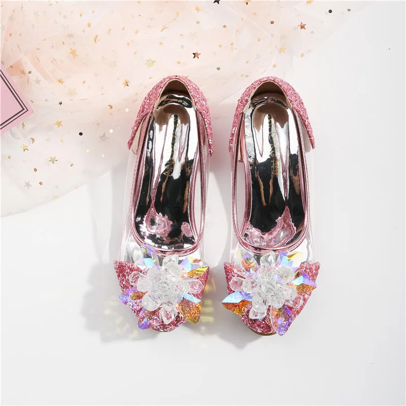 Pink Blue Princess Dance Shoes for Girls Low Heels for Kids Birthday Party Glitter Crystal Diamond Shoe Child Gown Leather Shoes 2