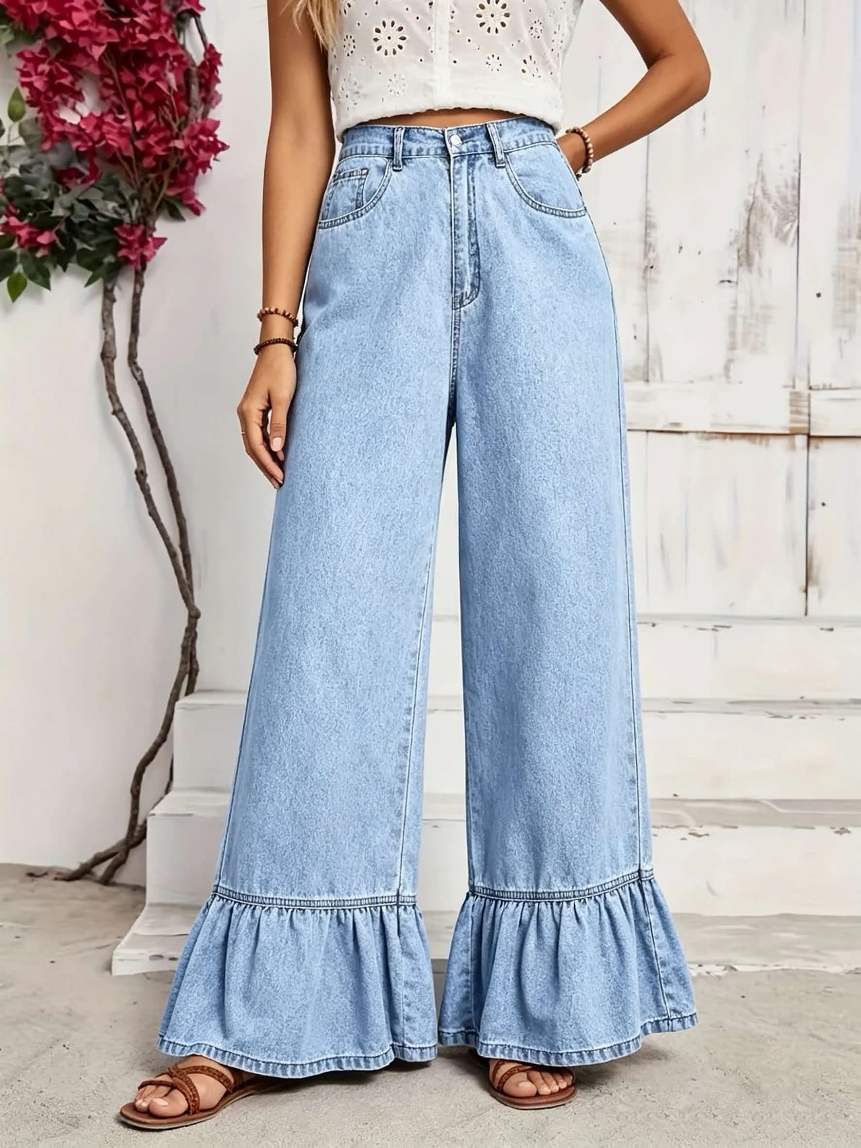 Jean large bleu clair à volants pour femme, taille haute, coupe décontractée, pantalon long
