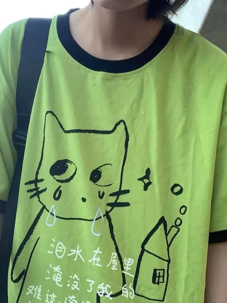 HOUZHOU Y2k Aesthetics Green Cat Juminocore Women T-Shirts Harajuku Cutecore Short Sleeve Japanese Style Tees Oversized Casual 2