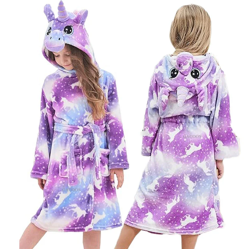 Child Bathrobe Kids Robe Baby Hooded Towel Baby Girls Hooded Bathrobe Toddler Unicorn Anime Cartoon Towel Beach Sleepwear Nightgown