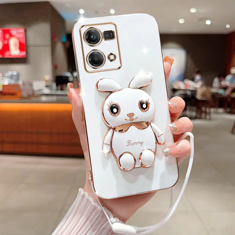 

Phone Case For Oppo Reno 7 4G Luxury Plating Square Rabbit Holder With Landyard Case Cover