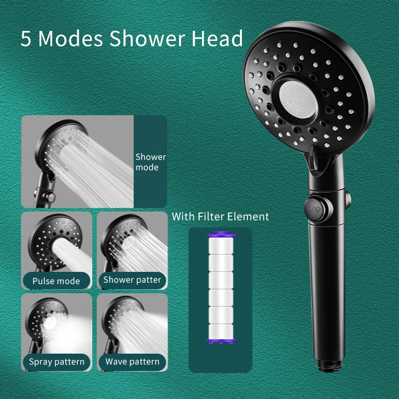 5ModesAdjustableShowerHeadwithFilterWaterSavingRainfallShower