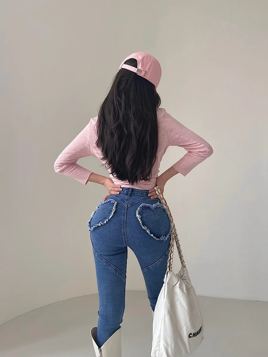 섹시한 하이 웨이스트 힙 타이트 슬림 스트레치 피치 힙, 작은 발 펜슬 청바지 바지, 섹시한 한국 여성 SV6J