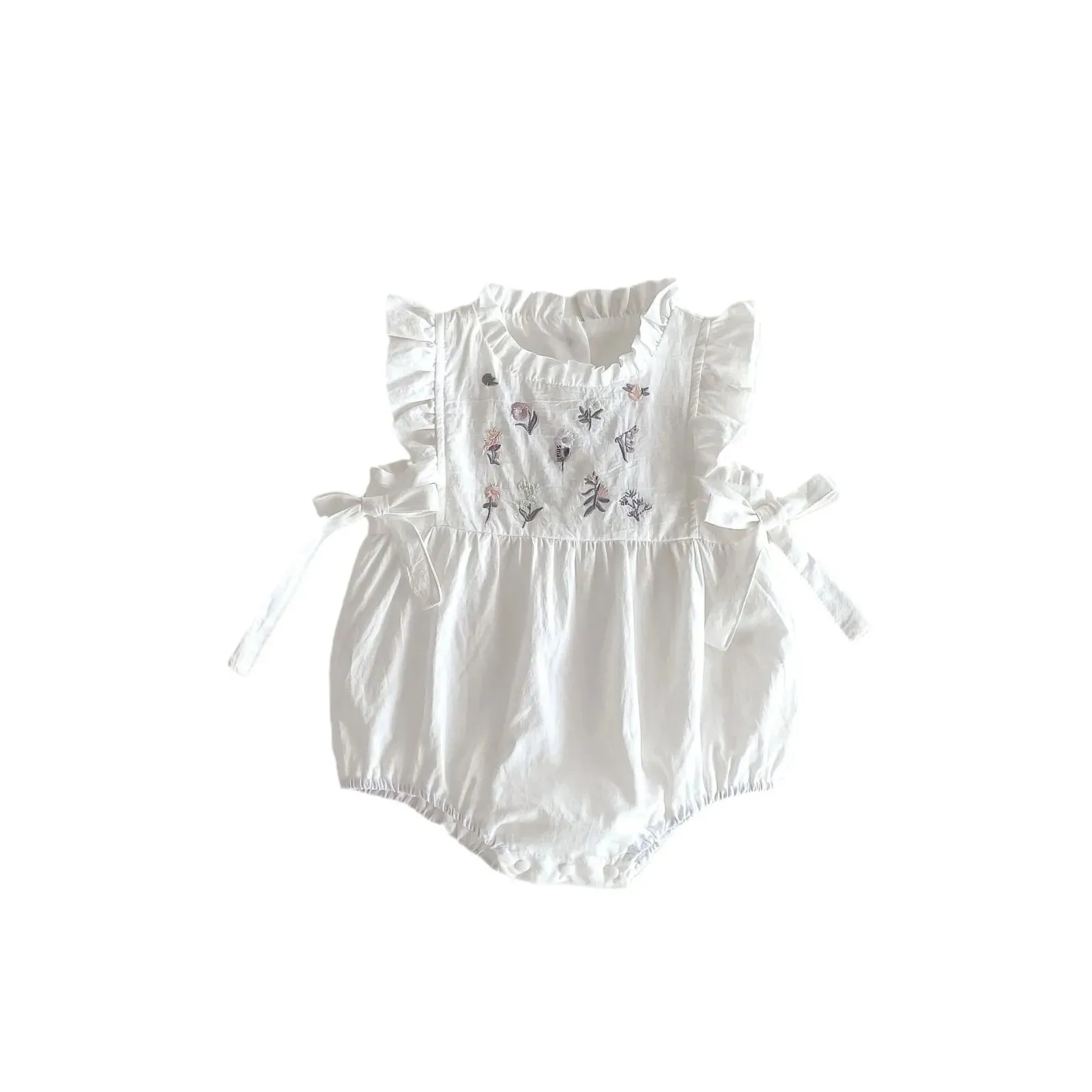 Baby Girl Summer Embroidered Floral Side Waist Butterfly Knot Infant Toddler Romper Sleeveless Thin Cotton Crawling Suit