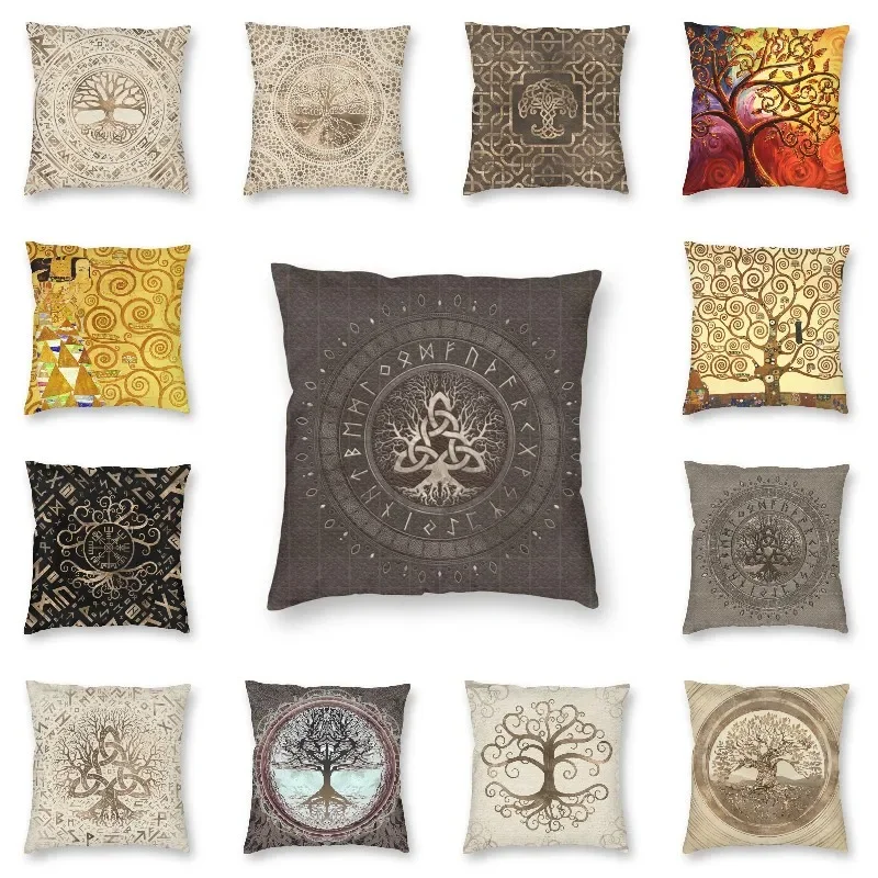 

Tree of Life with Triquetra Brown Leather and Gold Pillow Cover Decoration Viking Norse Yggdrasil Cushions Throw Pillow Printing