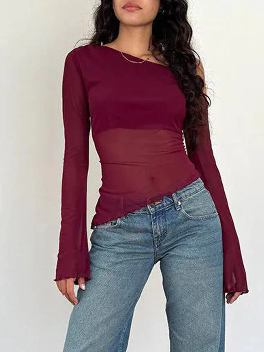 

Womens Sexy One-shoulder Crop Tops Long Sleeve Mesh See Through Going Out Tees Slim Fit T-Shirt Y2k Streetwear