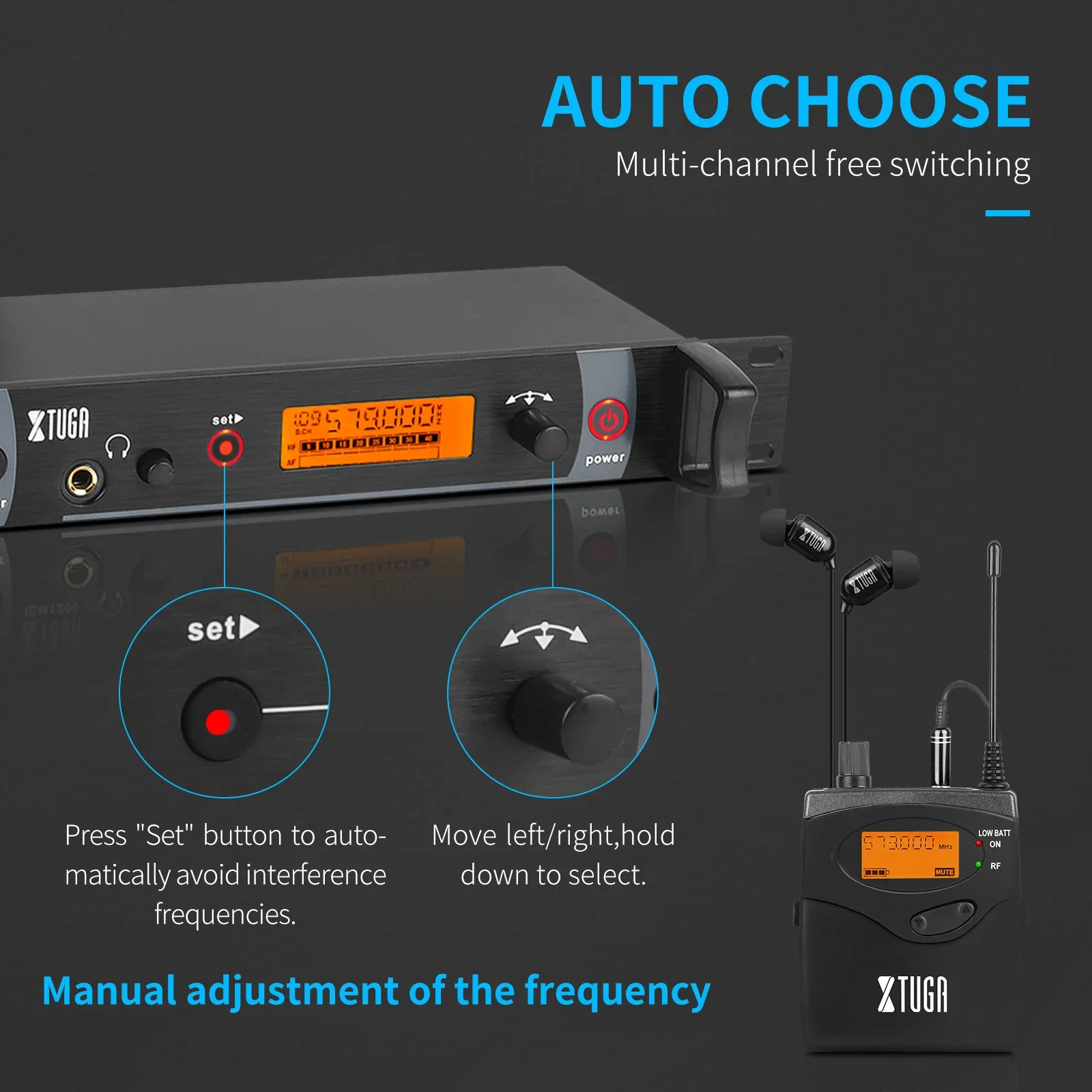 XTUGA RW2080 Metal Dual Channels Transmitter Professional Wireless In Ear Monitoring System For Stage Performances Small Concert