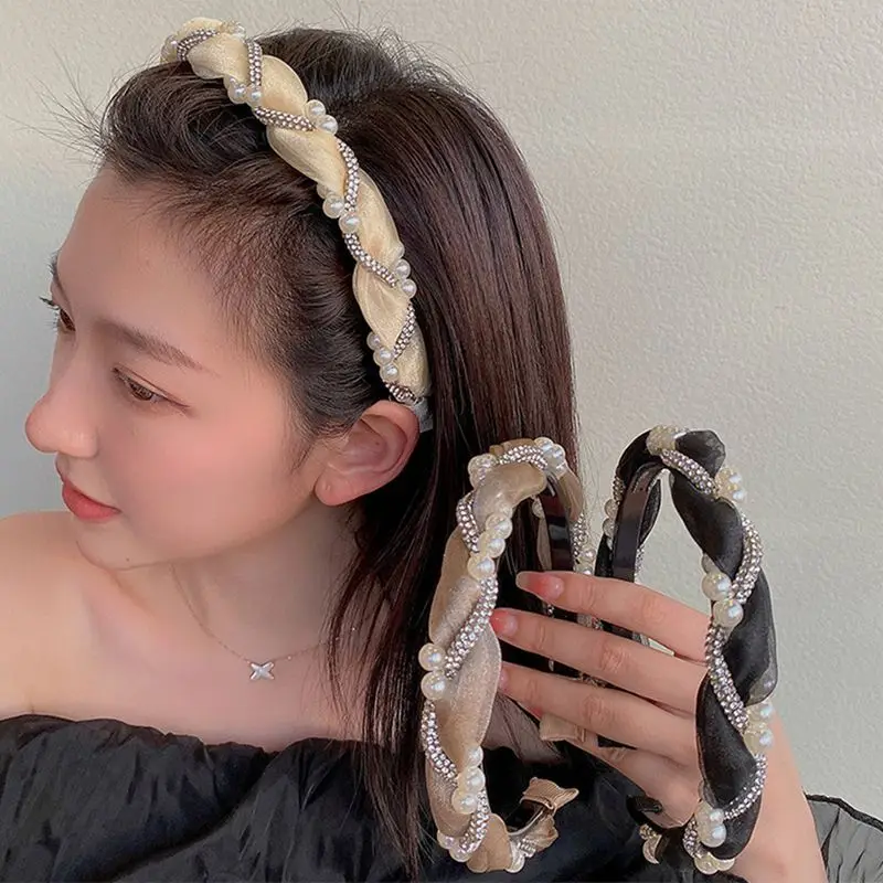 Korean Double Pearl Rhinestone Headband Lace Braided Hairband Hair