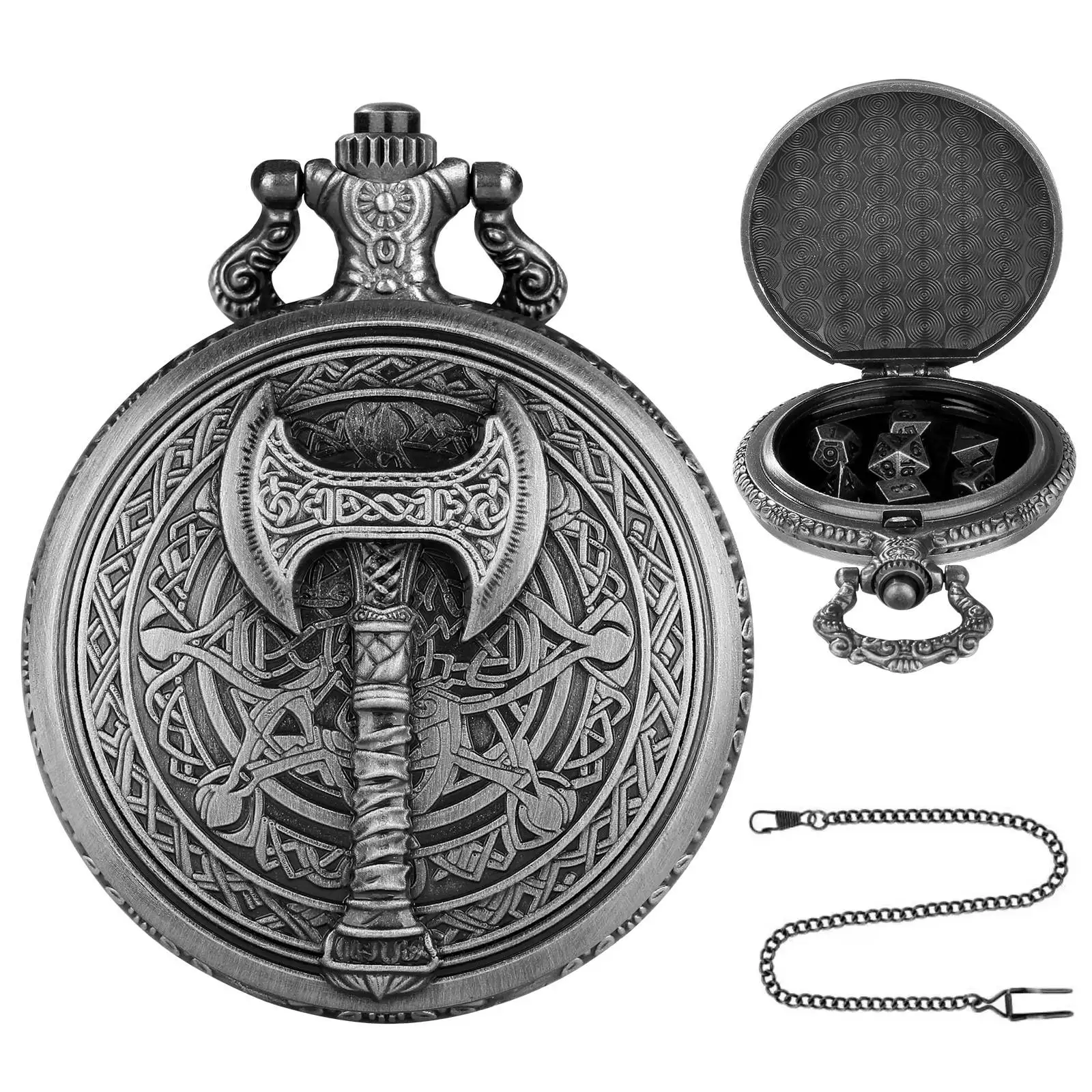 Vintage-Inspired Double Dragon DND Dice Jewelry Pocket Watch Case with 7 Metal Dice Set