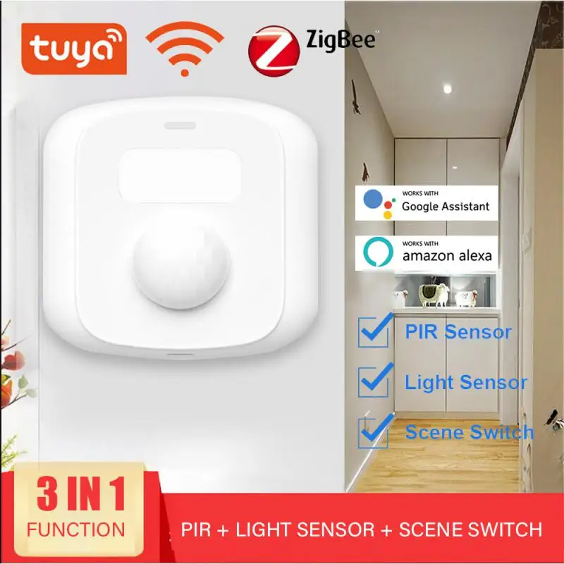 

Tuya Smart ZigBee WiFi Scene Switch with PIR Sensor Human Motion Monitor 3-In-1 Light Detector Works with Smart Life APP