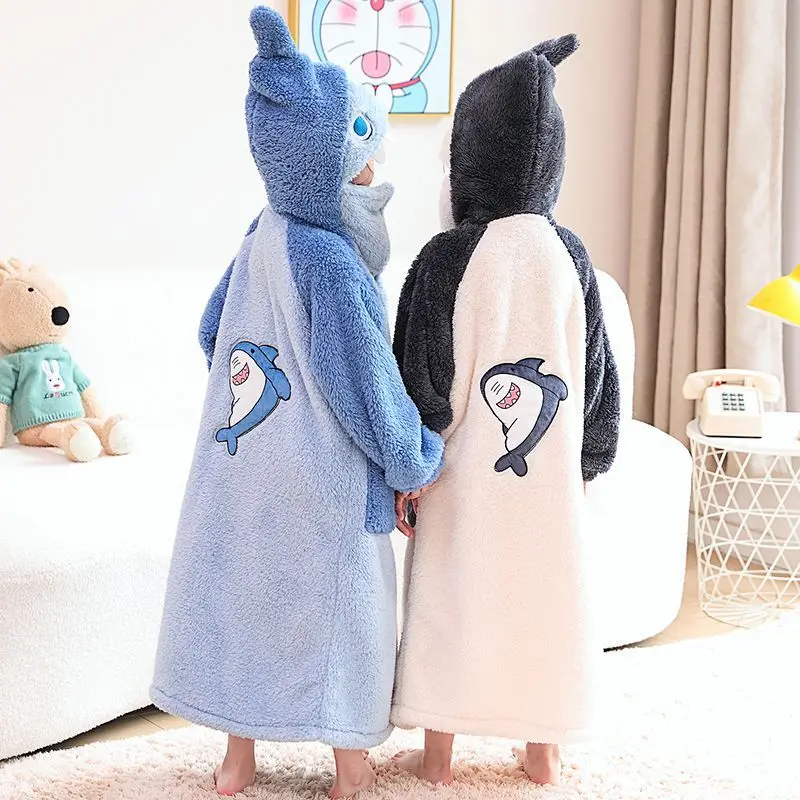 Fashion Boys Girls Winter Pajamas Hooded Cartoon Bathrobe Flannel Robe Set Kids Children Sleepwear Coral Velvet Home Clothes