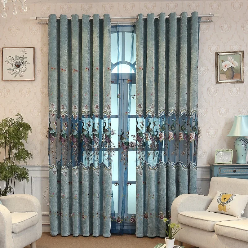 

Embroidered Peacock Curtain For Bedroom European Luxury Chenille Royal Blue Gorgeous French Window Treatment Cortinas M043C