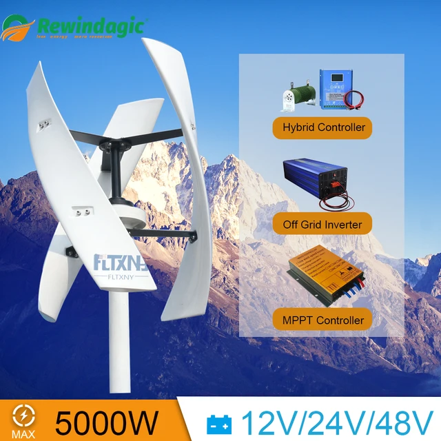 3KW กังหันลมสำหรับบ้านเครื่องกำเนิดลม5KW แกนตั้งแนวตั้งโรงงาน Maglev แรงดันสูง12V 24V 48V 5000W พร้อมตัวควบคุมไฮบริด 1