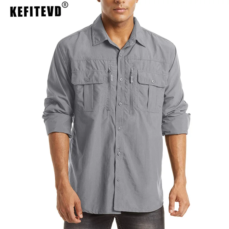 Mens Long Sleeve Shirts KEFITEVD Quick Dry Hiking Zipper Chest Pocket Long Sleeve Cargo Lightweight Camping Trekking Fishing