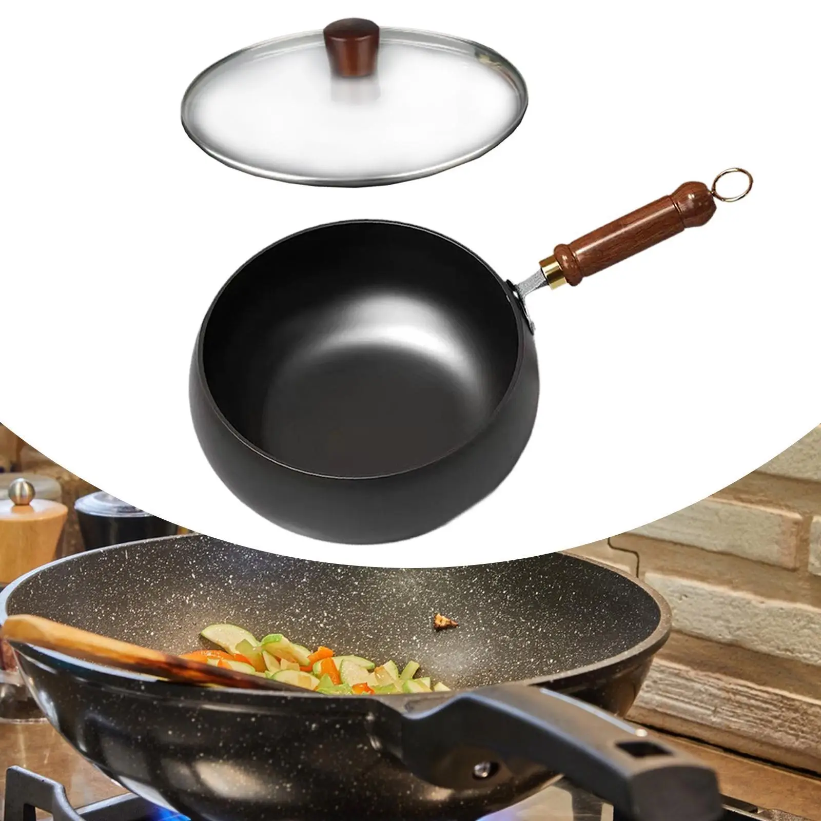 Nonstick Wok Frying Pan Wooden Handle Induction Cooker Boiling No Coating Gas Chinese Wok Flat Bottom for Kitchen Camping