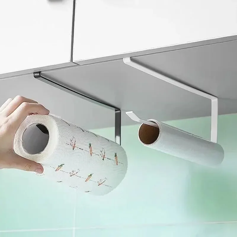 Paper Roll Holder Towel Rack Cling Film Storage Rack Bathroom No Punching Storage Rack Hanging Shelf Kitchen Tissue Accessories 2