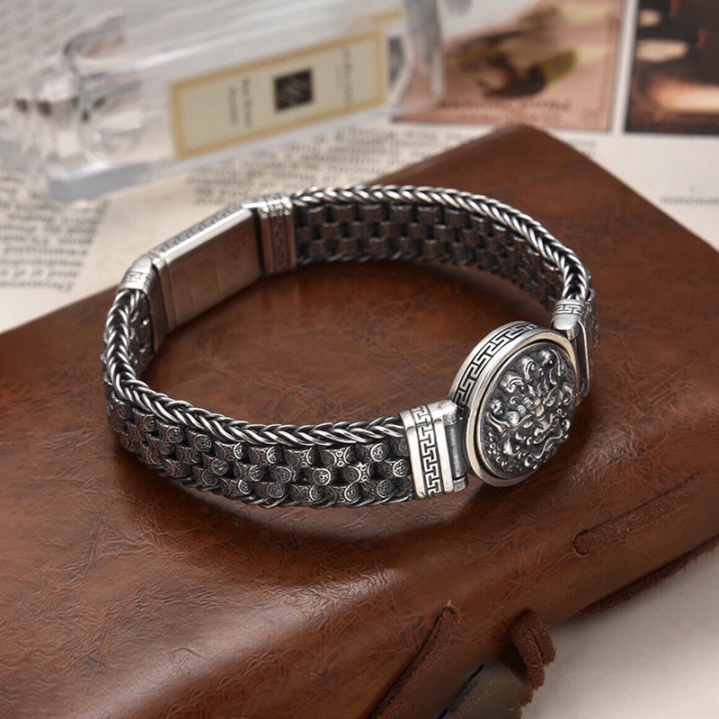 Retro Men Domineering Divine Beast 925 Silver Bracelet Jewelry Hand Woven Ancient Copper Coins Chain Bracelet Male Gift