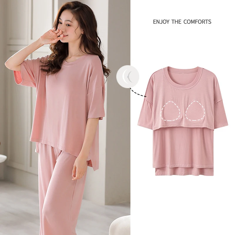 Spring Autumn Nightwear With Bust Padded Young Womens Pajama Sets Pyjamas Femme Sleepwear Girls Loungewear Pijama Mujer Homewear