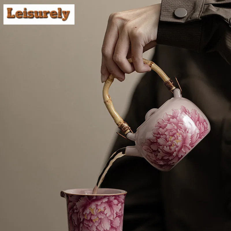 230ML Antique Pink Peony Flower Ru Kiln Lifting Handle Teapot Tea Infuser Pot Tea Brewing Kettle With Filter Chinese Tea Set