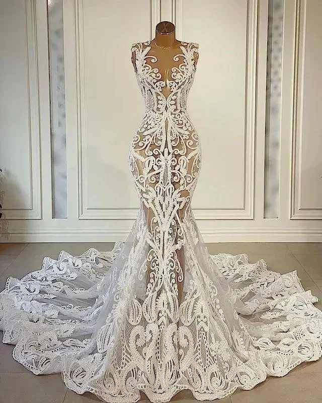 Customized 2025 Latest Perspective Sexy Mermaid Custom Wedding Dress Bridal Dress Lace Stickers African Nigerian Court Tail