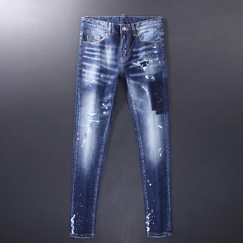High Street Fashion Men Jeans Retro Blue Stretch Skinny Fit Painted Ripped Jeans Men Vintage Designer Brand Denim Pants Hombre