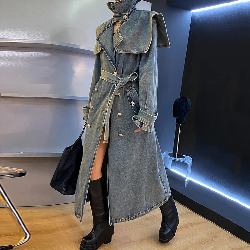 

Long Jean Trench Jacket for Women Fashion Oversized Denim Coats with Belt Autumn Winter Long Sleeve Button Blue Jean Jackets