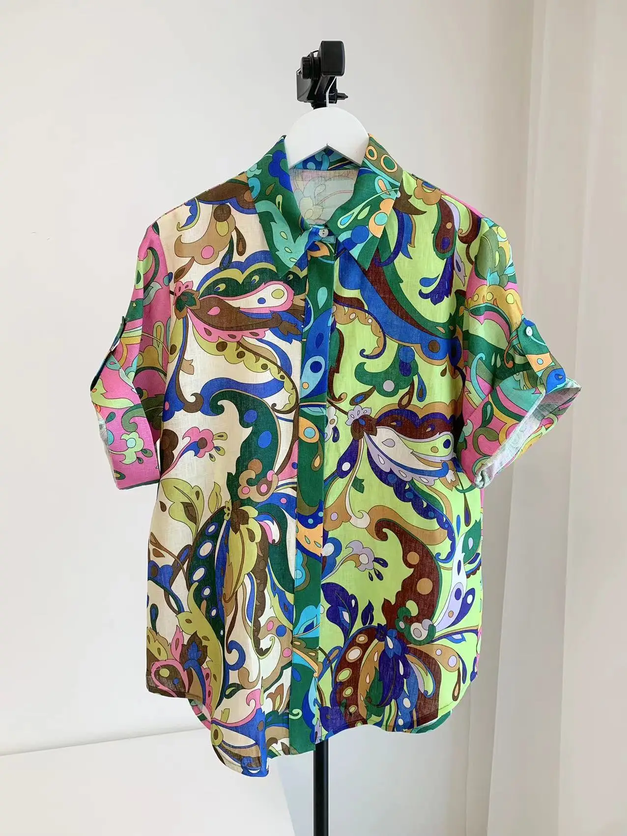 

2024 Women Fashion Printed Set Single Breasted Short Sleeve Shirt or Elastic Waist Wide Leg Pants