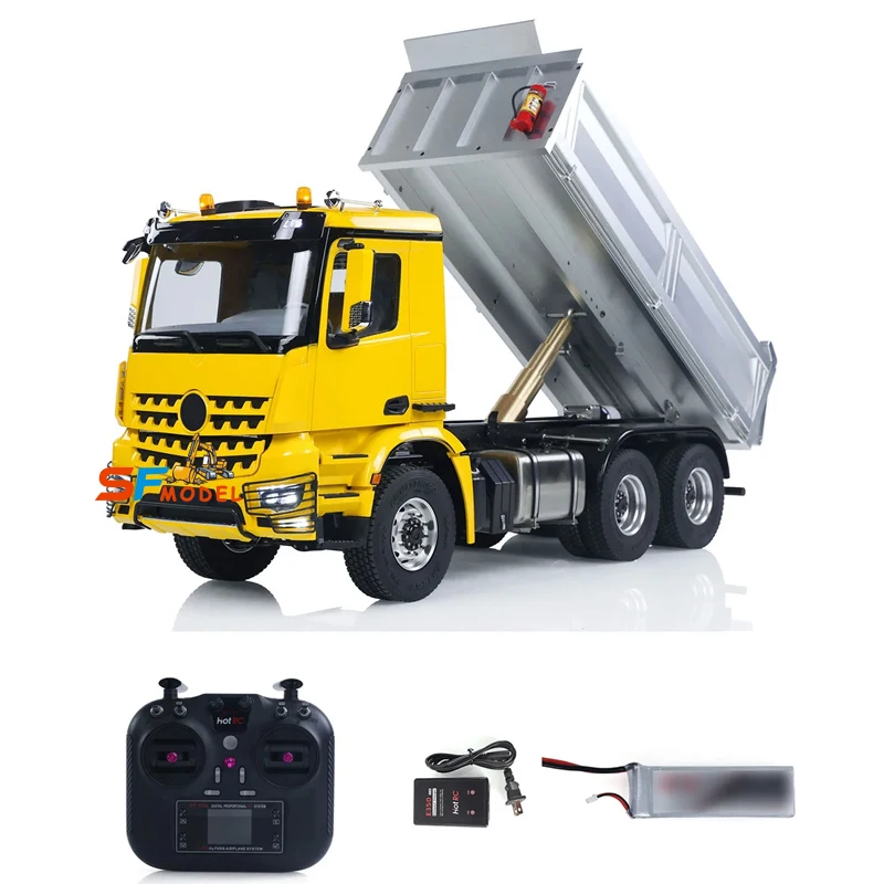 Vue de profil du camion benne RC hydraulique 6x6 1/14 RTR, carrosserie rouge et pneus tout-terrain.