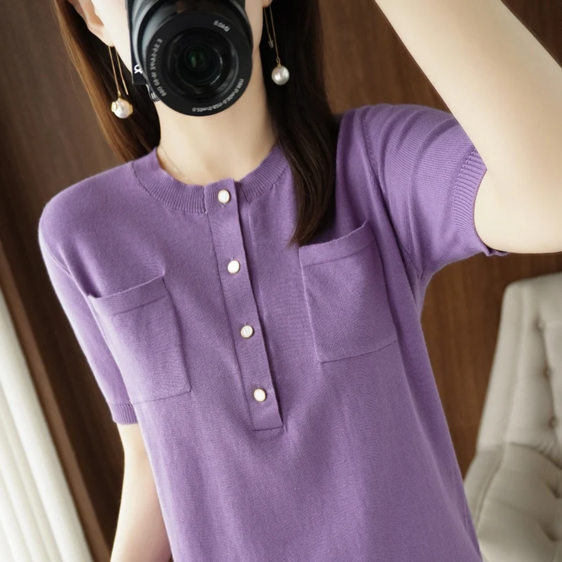 

summer cotton and linen round collar half sleeve T shirt women's linen loose solid color short sleeve button top pure cotton