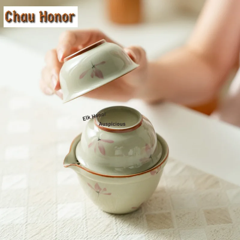 Pure Hand-painted Powder Orchid Travel Tea Set Kit Boutique 1 Pot 2 Cups Tea Maker Organizer Portable Picnic Handbag Supplies