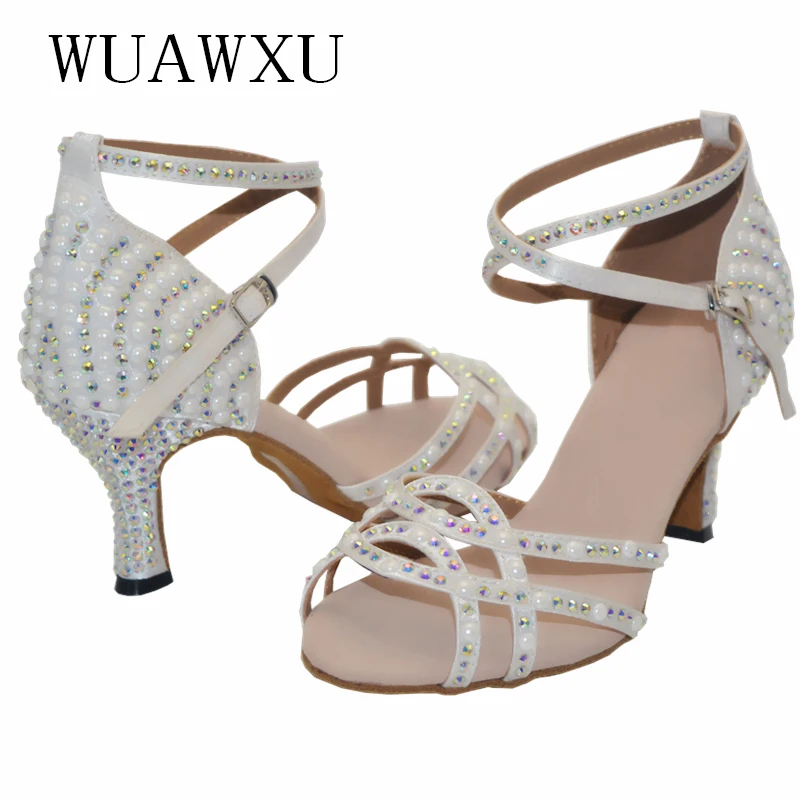 NATASHA's new Latin dance shoes white dance shoes inlaid with diamonds performance dance shoes adult female high heels high heel