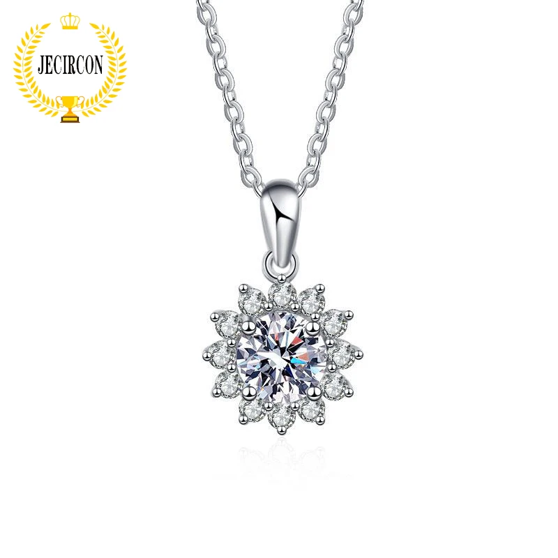 

JECIRCON 925 Sterling Silver Moissanite Necklace for Women 1 Carat D Color Sunflower Round Diamond Pendant Neck Chain Jewelry