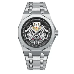 Men's Quartz Watch with Unique Black Warrior Case and Stainless Steel Strap (Silver)