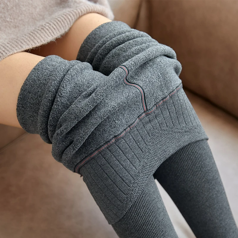 Lzyvoo Autumn Winter Fleece Thickening Leggings High Waist Ribbed