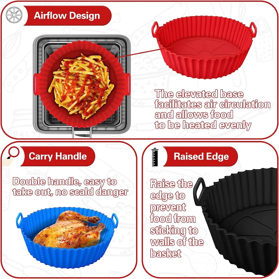 Opvouwbare airfryer voeringen, gemakkelijk schoon te maken Air Fryers siliconen pot, 20 cm herbruikbare siliconen air fryer mand voor magnetron, oven (grijs/groen/roze) (roze