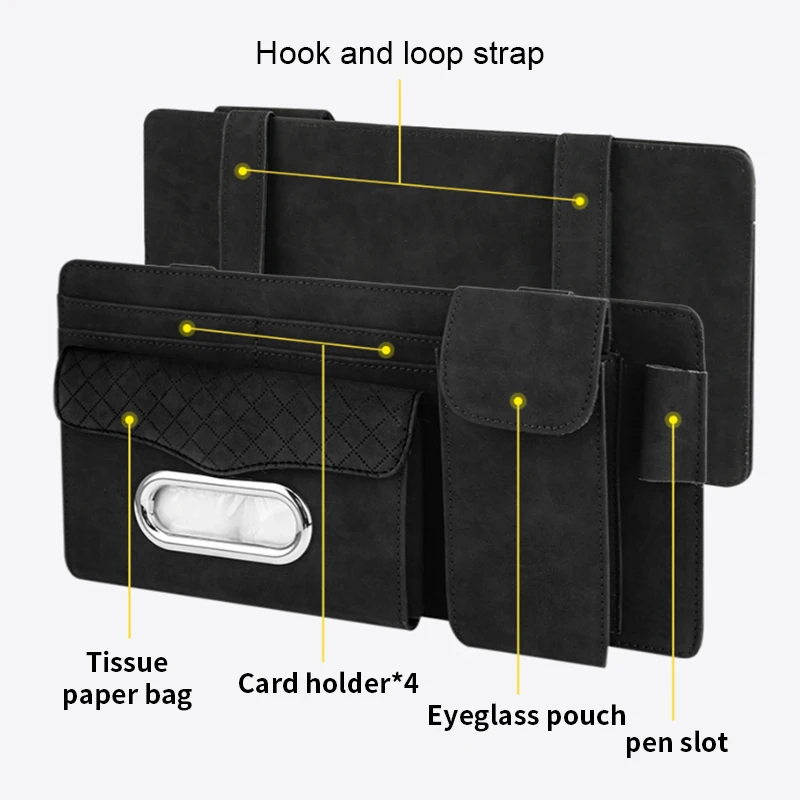 Suede Car Sun Visor Storage Bag with Glasses Case and Tissue Holder