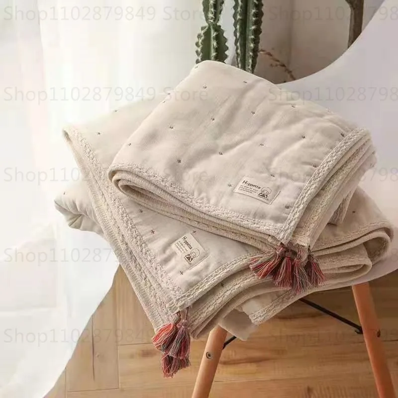 

Cotton Knitted Vintage Style Beige Color Sofa Throw Blanket With Tassels Decorative Couch Blanket Bed Runner Blanket Bed Cover