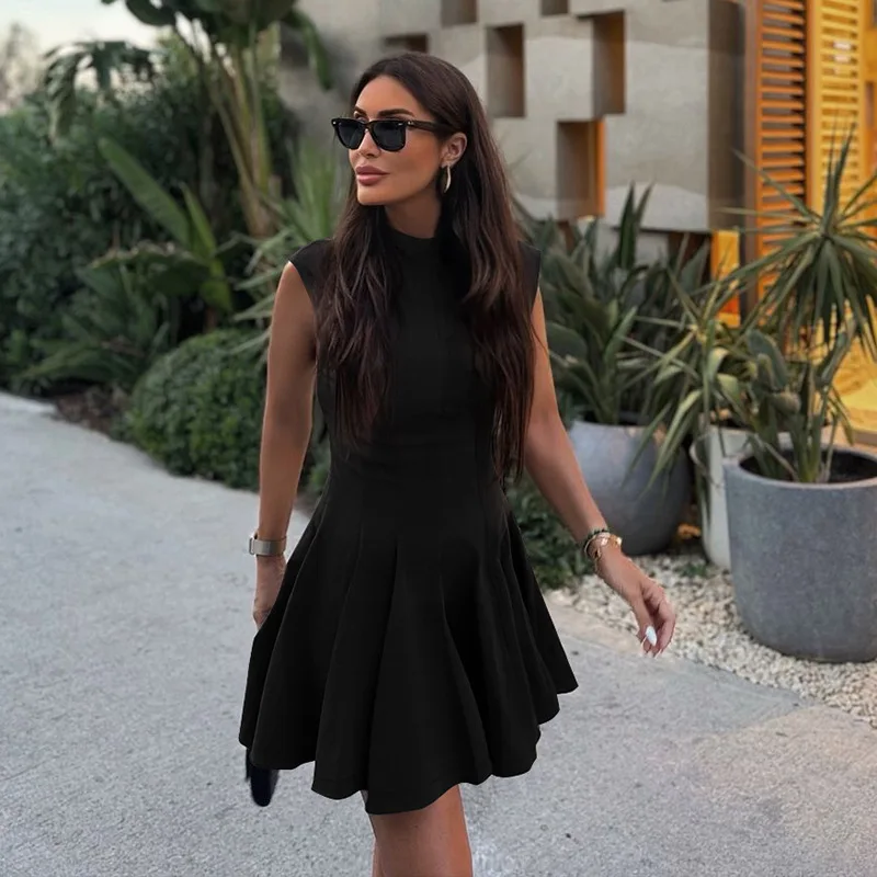 Sleeveless Folds Mini Dress Women's Solid Color High Waist Outfits Half Turtleneck Elegant Club Casual Party Dress A-Line