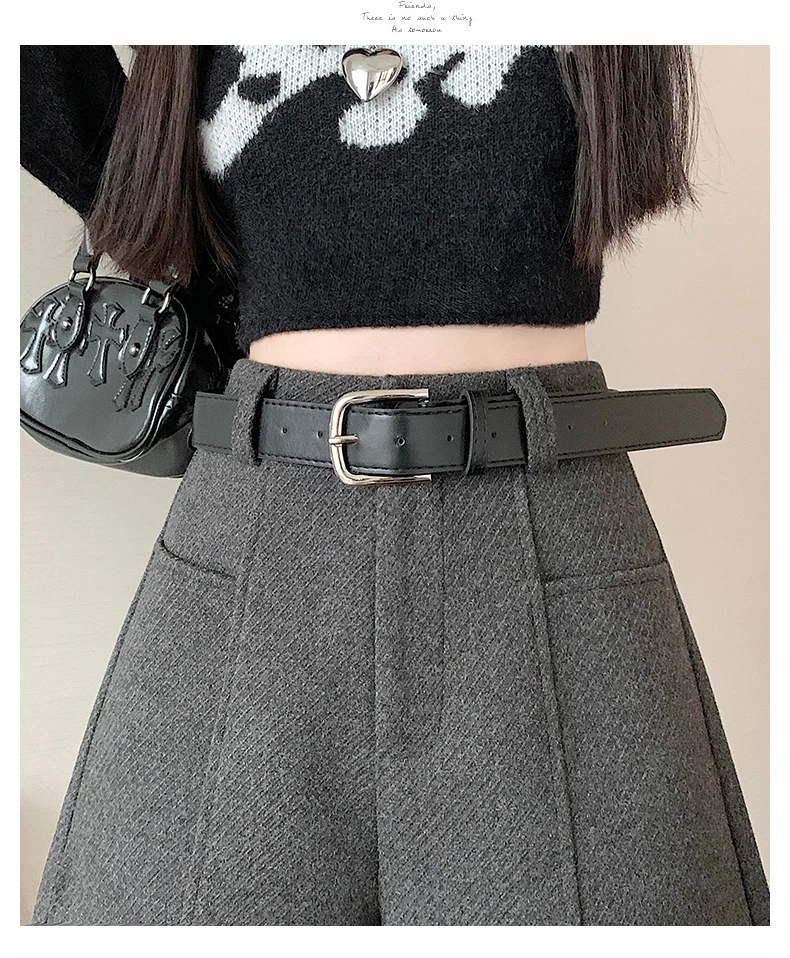2025 Streetwear Woolen Winter Shorts Frau Casual Lose Breite Bein Kurze Hosen Femme Mit Gürtel Booty Grau Schwarz Cargo-Shorts frauen – Detail 9