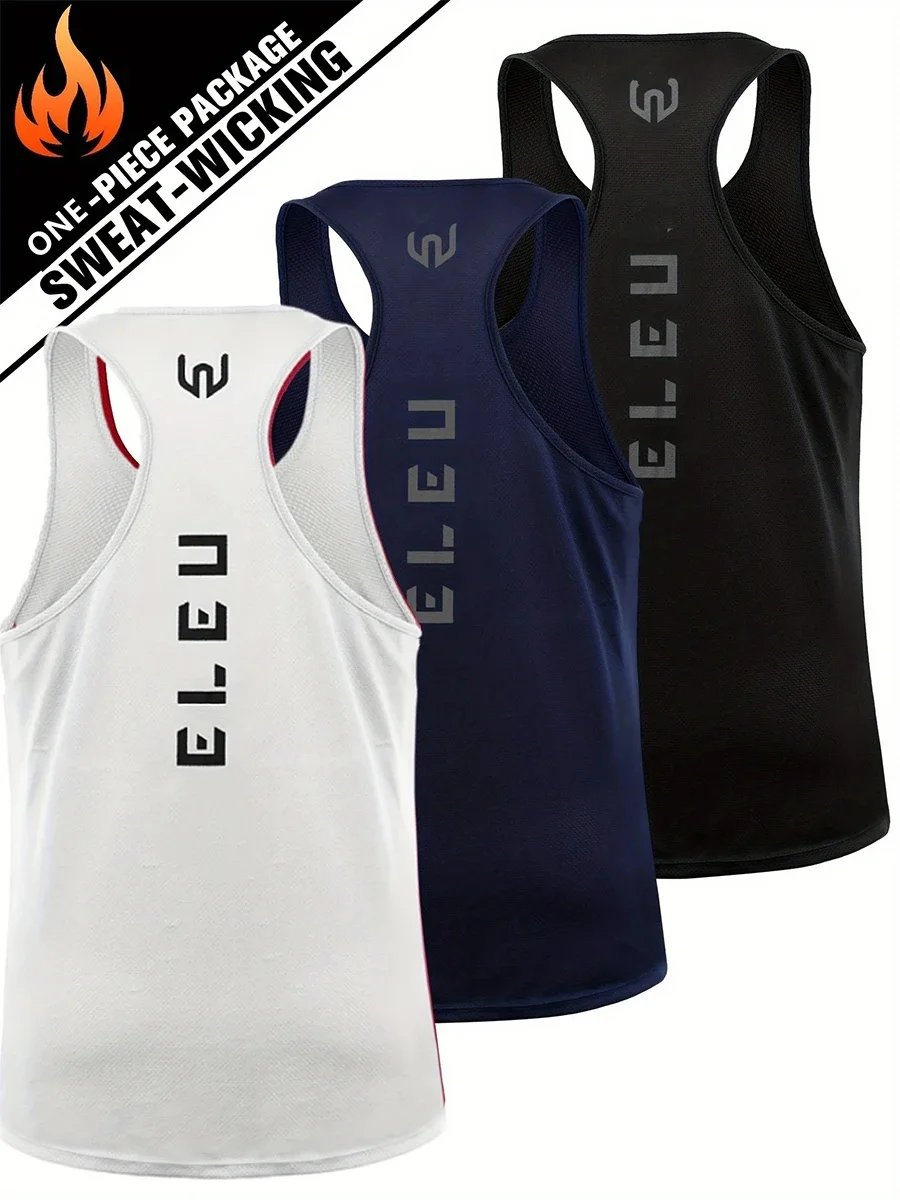 Sports Sleeveless Vest 1 Piece Men's Letter Print Athletic Quick Dry Breathable Slightly Stretch Moisture Wicking Loose Tank Top Train