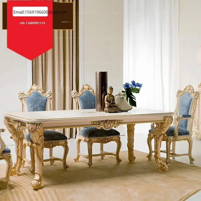 

European solid wood carved French painted dining table villa luxury palace dining table and chair combination