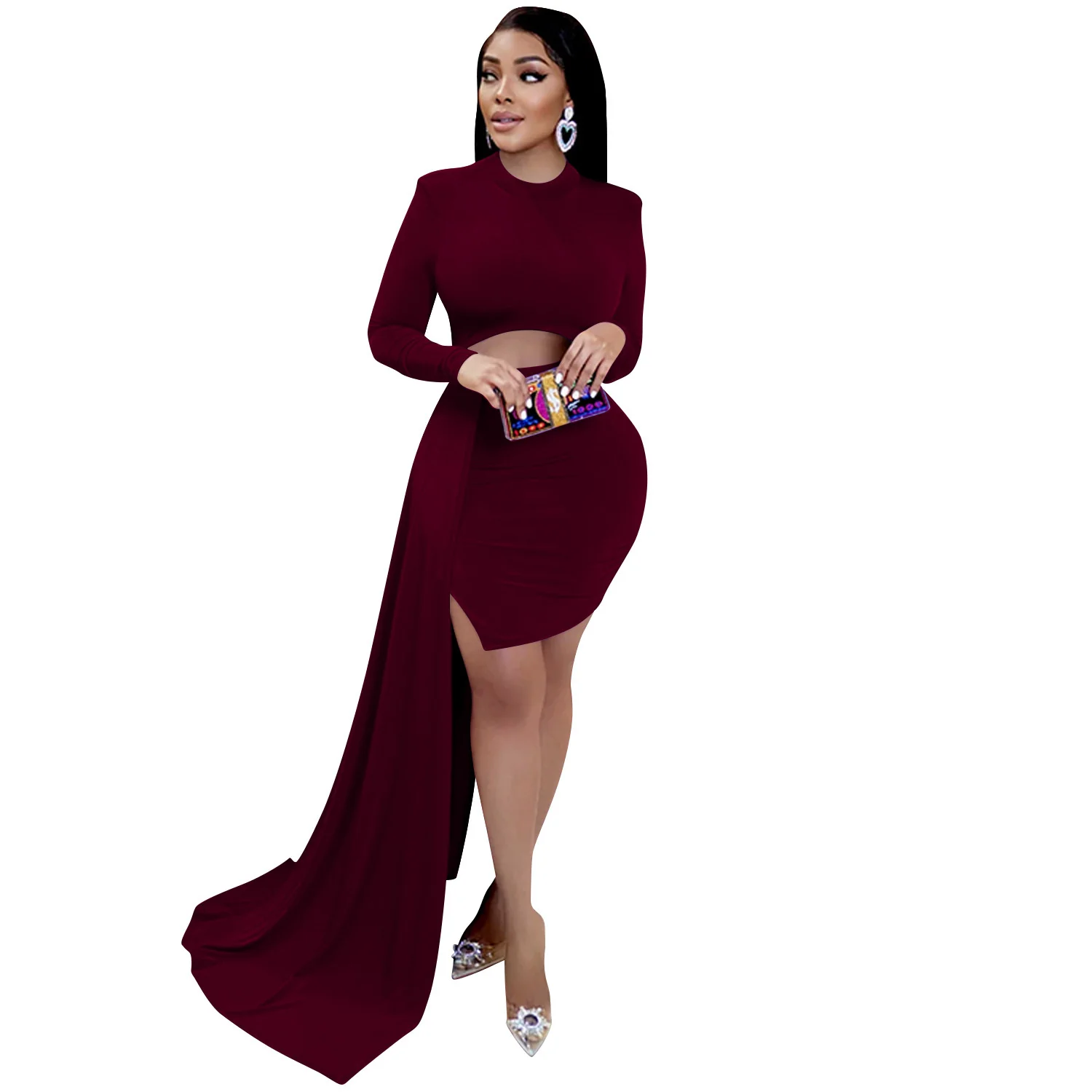 

Милые платья, длинные элегантные соблазнительные платья с круглым вырезом и лентами, ажурные Облегающие юбки миди с длинным рукавом и разрезом, модное женское платье