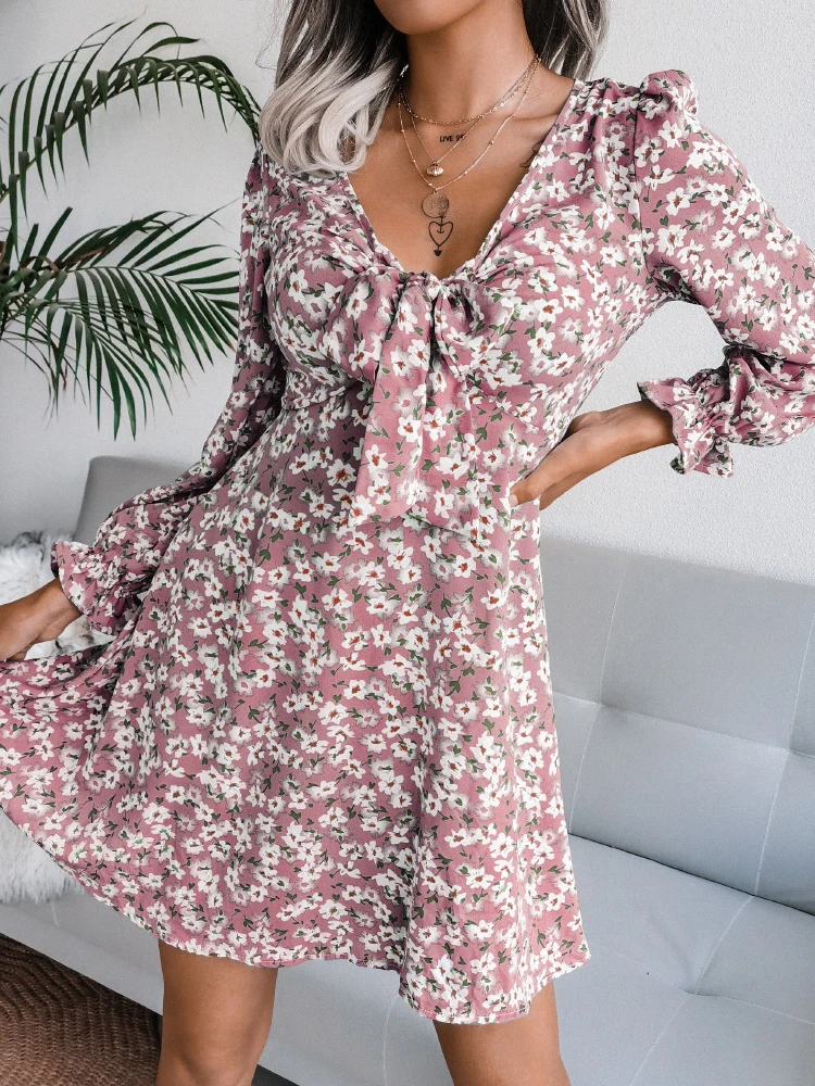 

Female Dress 2023 Spring/Summer Sexy V-neck Casual Long Sleeve Floral Bow Knee Length and Pretty Women's Dresses