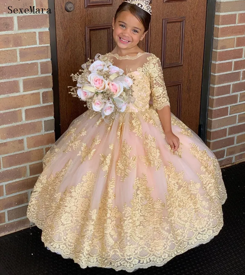 

Ball Gown Puffy Flower Girl Dress Gold Applique Lace Half Sleeve Sheer Neck Princess Pageant Birthday Gown First Communion