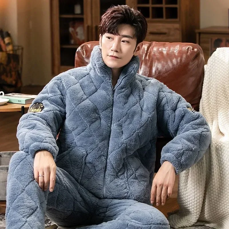 

Men Three-layer Flannel Suit New Winter 2023 Velvet Quilted Clothes Home Warm Collar Style Thickened Stand Pajamas Autumn Coral
