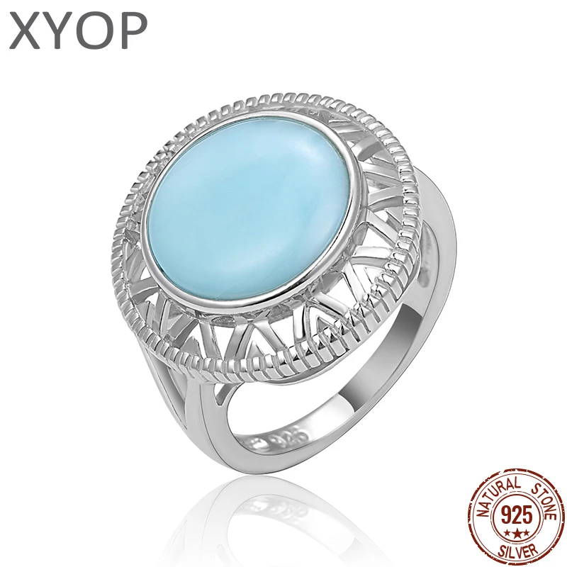 

XYOP 925 Silver Gift Natural Blue Larimar Round Personality Ring, Europe And The United States Popular Wedding Jewelry Temperam