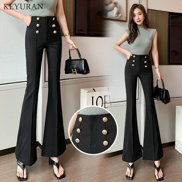 Women's High Waist Solid Flare Pants Female 2021 New Spring Summer New  Ladies Elegant Double Breasted Bell Bottom Black Trousers - Pants & Capris  - AliExpress