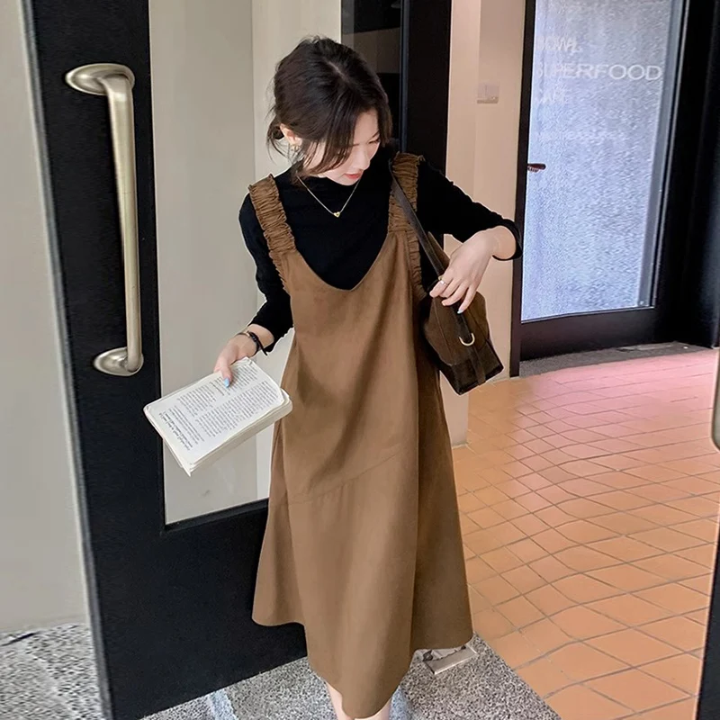 Autumn Maternity Clothes Set Long Sleeve Balck Tops Brown Suede Suspender Dress Pregnant Woman Dress Suits Preppy Style Twinset