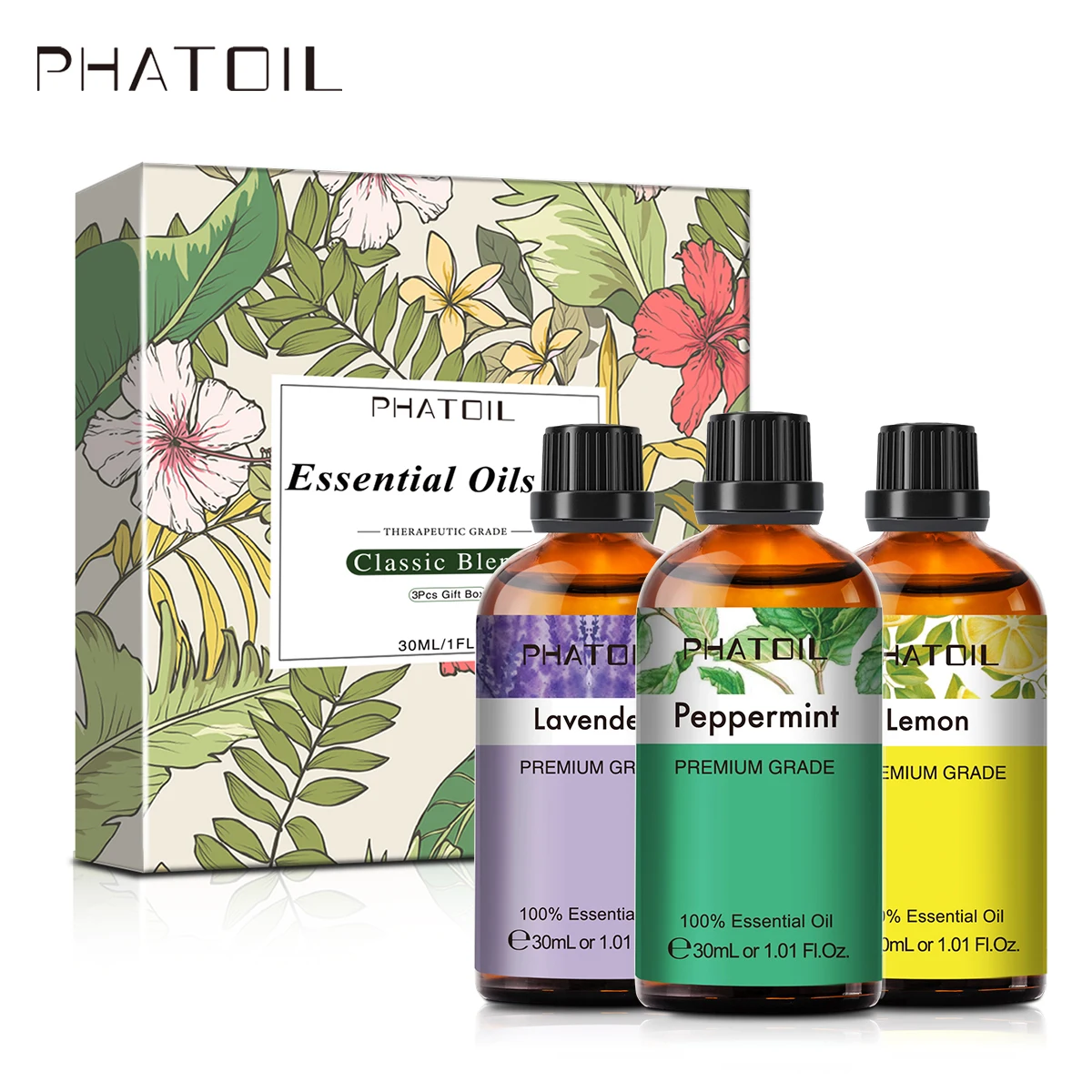 PHATOIL-Juego de aceites esenciales para humidificador, aceites aromáticos para difusor de lavanda, limón, menta, velas para el hogar, fabricación de jabón, 3 piezas, 30ml